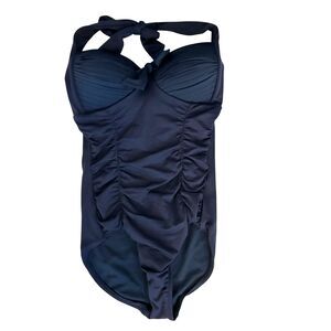 Seafolly Australia Navy Blue Ruched Tie Back Halter Bathing Suit Size‎ 10